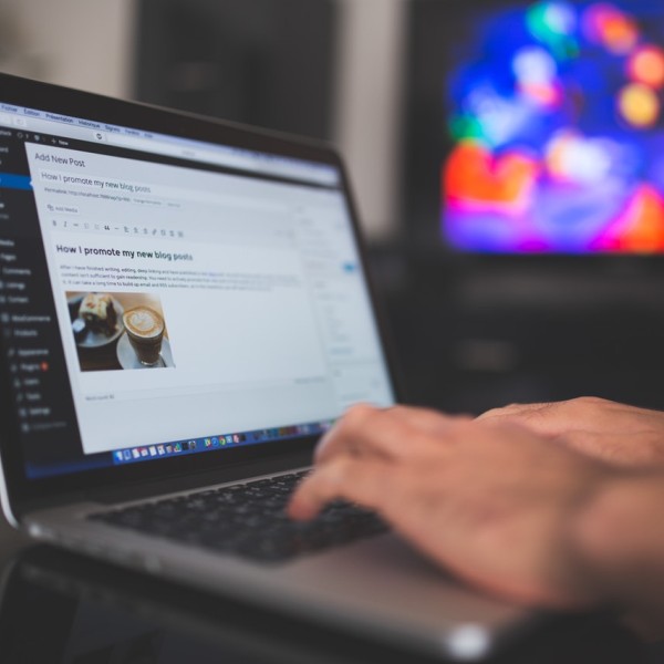 person using laptop to type a blog post