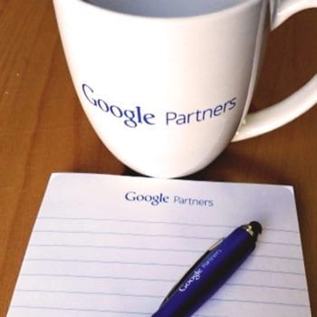 Google Partners pad, pen, and mug