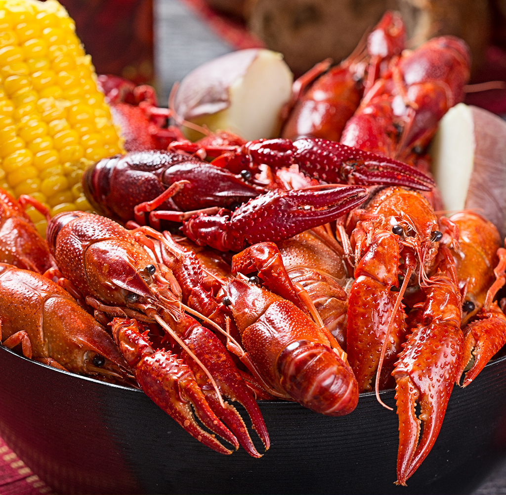 crawfish, corn, and potatoes