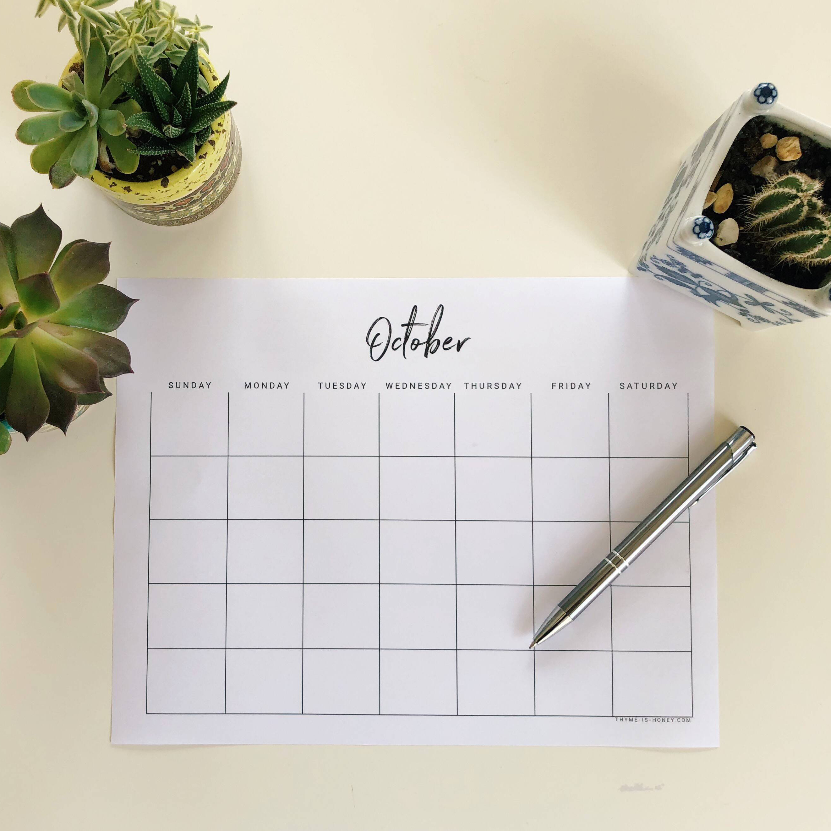 A monthly calendar from October. Calendars and planners are excellent organizational tools that can help reduce stress at work through better planning.
