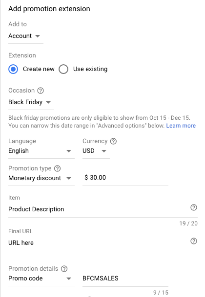 promotion extensions for Black Friday