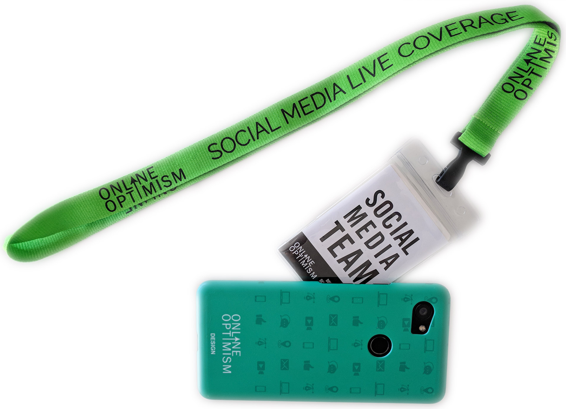 Social Media Event Marketing Live Coverage by Online Optimism - Green Phone and Branded Green Lanyard - shrunk