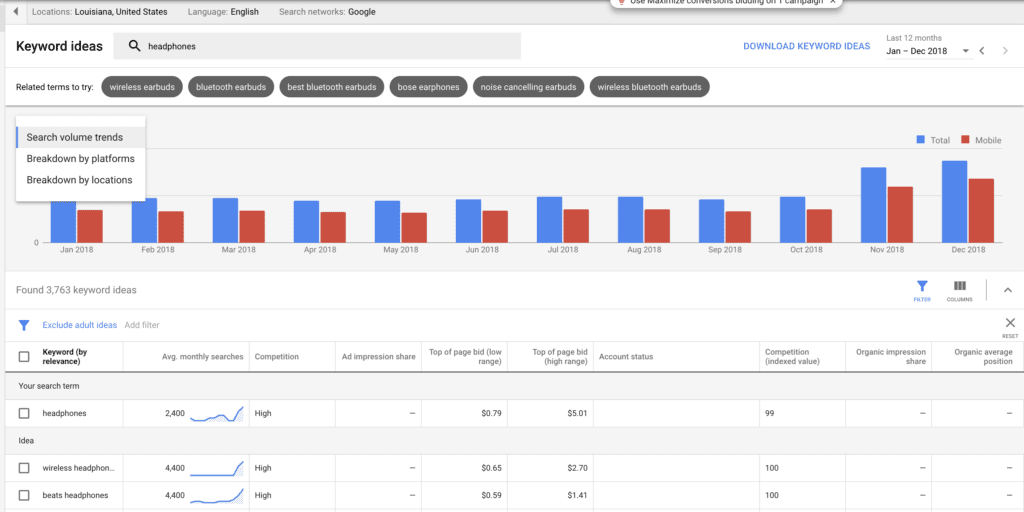 screenshot of Google Keyword Planner search