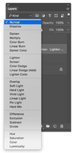 You can find the dropdown menu for blend modes on the right side of photoshop, above the layers, as shown in this screenshot.