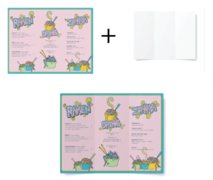 An example of a menu, a folded paper texture, and a mockup applying the folded paper texture to the menu.