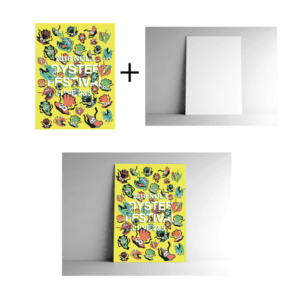 A flat poster, a standing poster texture, and a mockup of the flat poster design appearing as a standing poster with the applied texture.