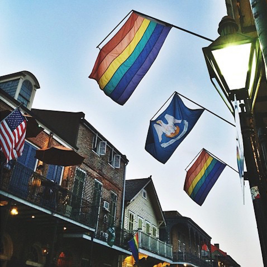Rainbow flags hanging in the French Quarter, where there are plenty of ways to celebrate Pride Month in New Orleans.