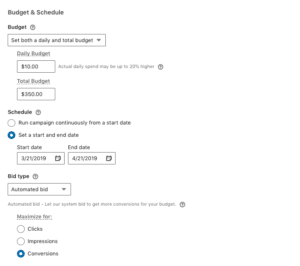 A screenshot of an example LinkedIn advertising Budget & Schedule.