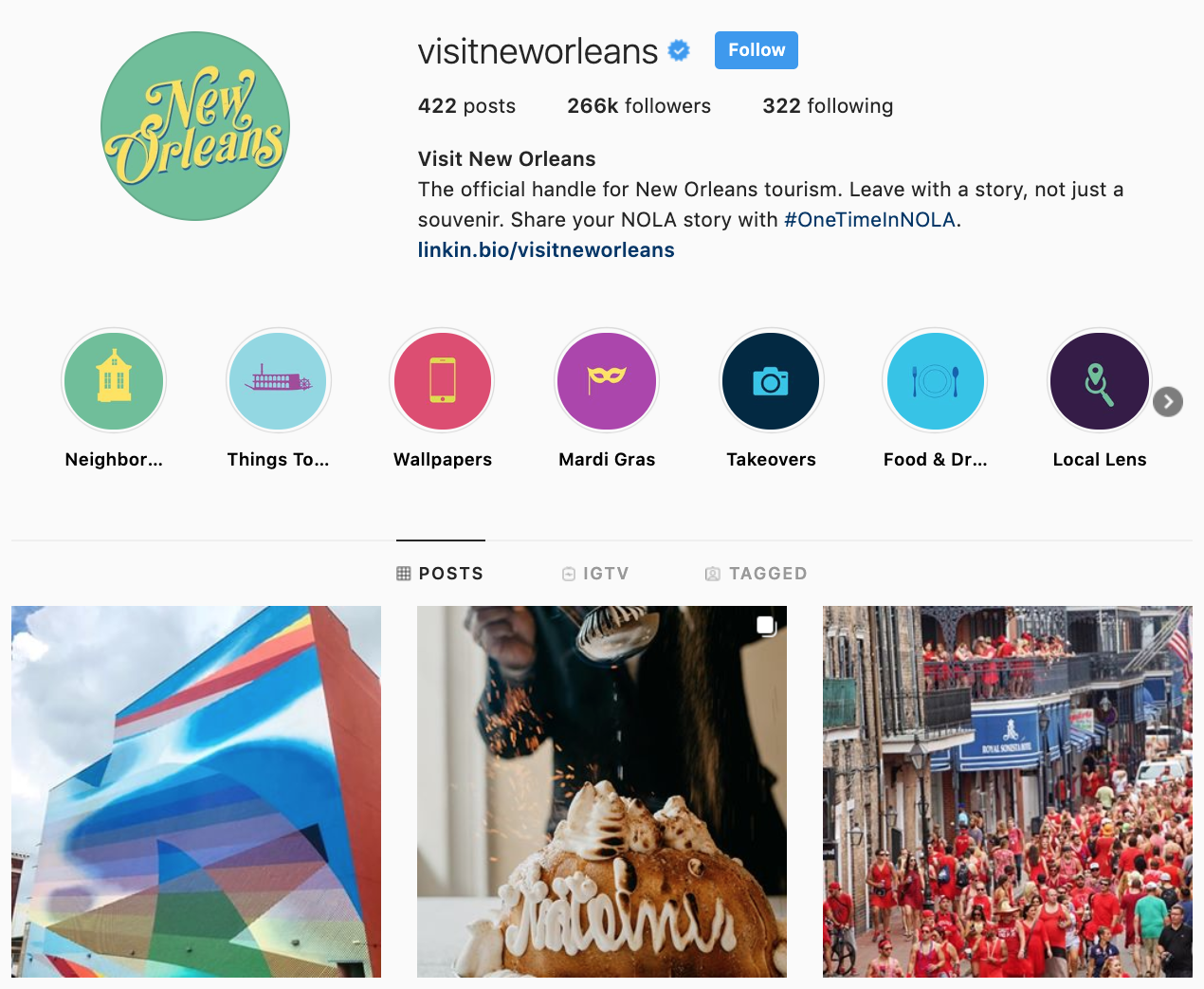 Visit New Orleans offers a perfect local example of Instagram Highlights for businesses that use icons as cover photos.