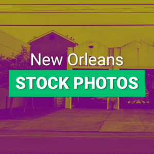 Purple and yellow image of New Orleans buildings with text New Orleans Stock photos"
