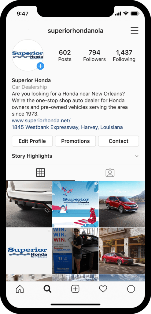 Mockup of Superior Honda's Instagram account @superiorhondanola