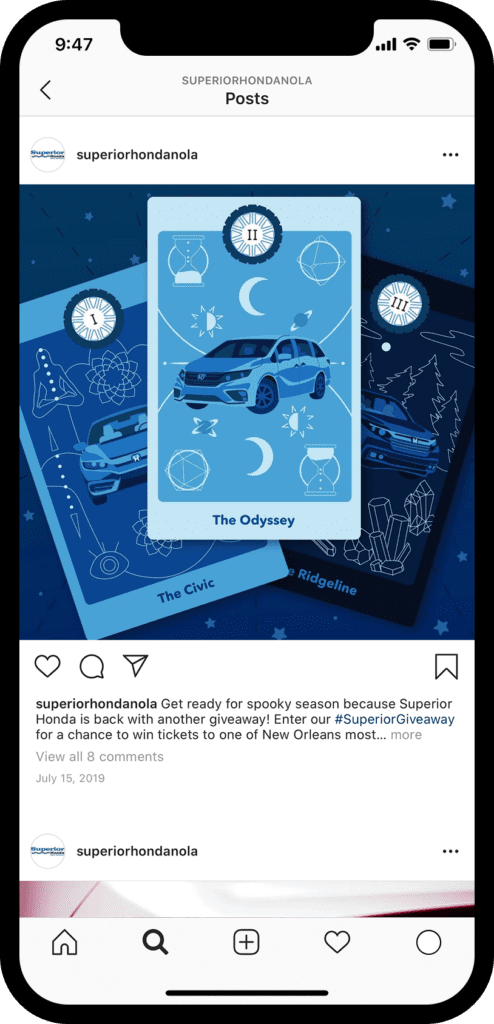 Mockup of illustrated post on Superior Honda's Instagram account @superiorhondanola advertising a Halloween giveaway