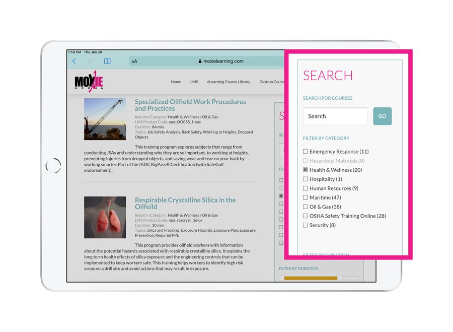 Search function of Moxie website iPad mockup