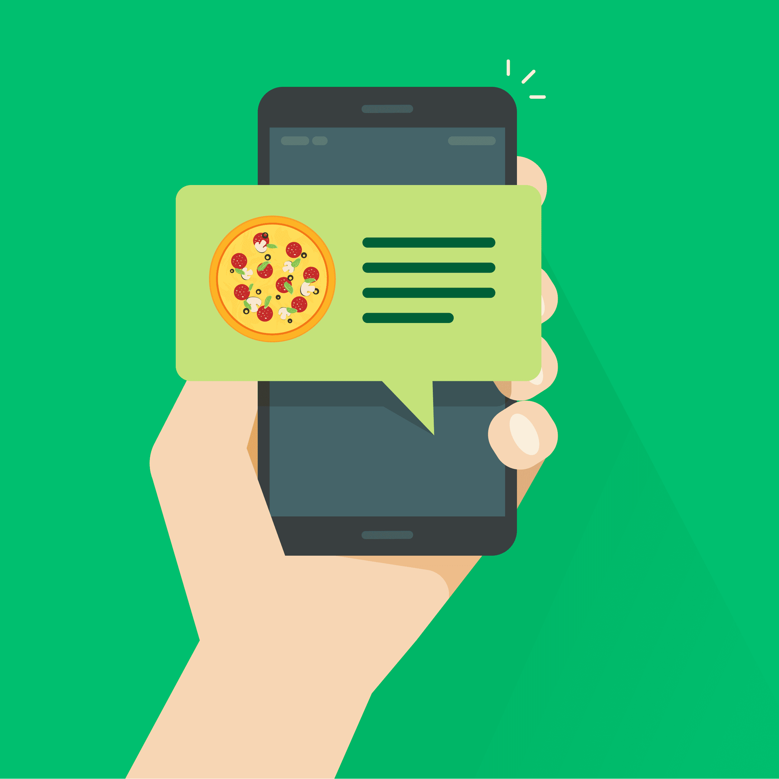 Illustrated hand holding phone with pizza notification