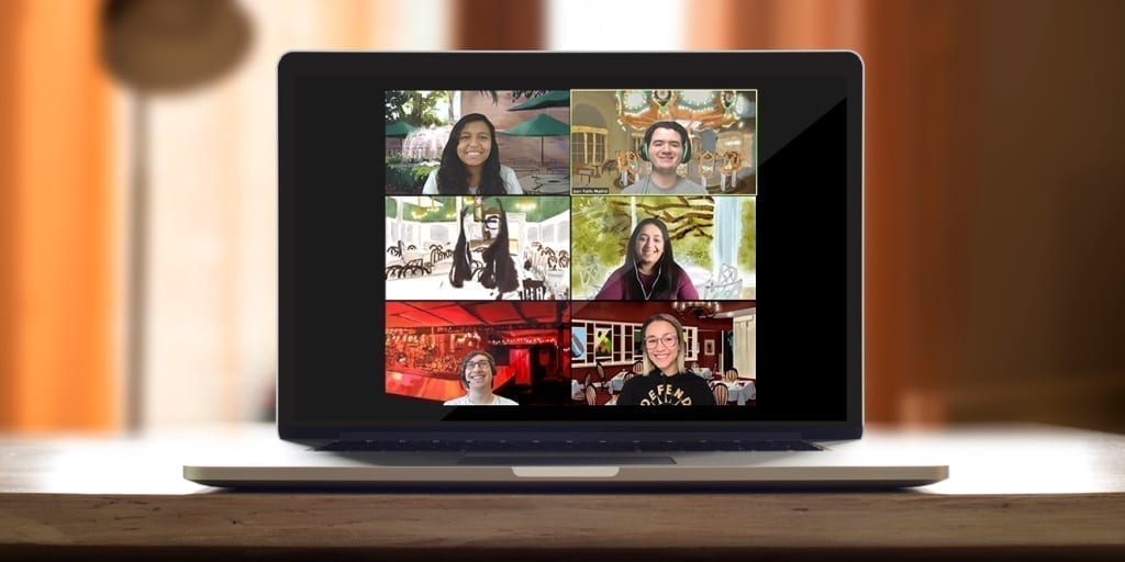 Mockup of Optimists on a Zoom call on a laptop