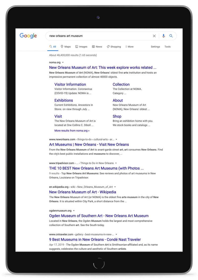 Tablet showing the Ogden's placement on the first page of a Google search for "New Orleans Art Museum"
