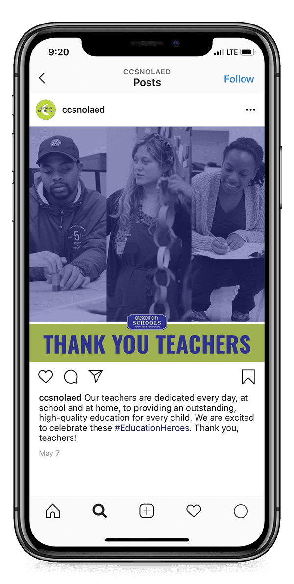 iPhone displaying a "Thank You Teachers" post from Crescent City Schools' Instagram