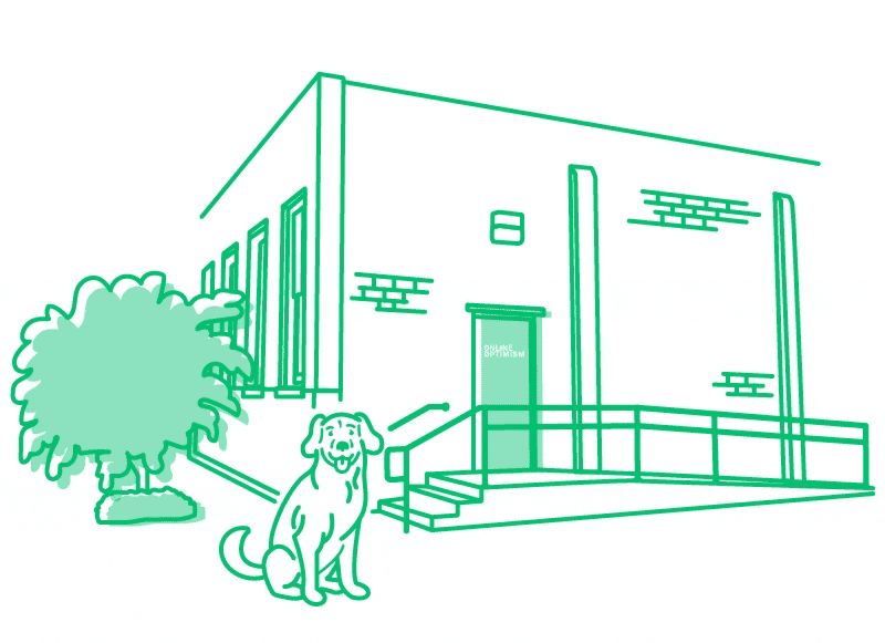 Illustration: Happy dog stands in front of Online Optimism's New Orleans office
