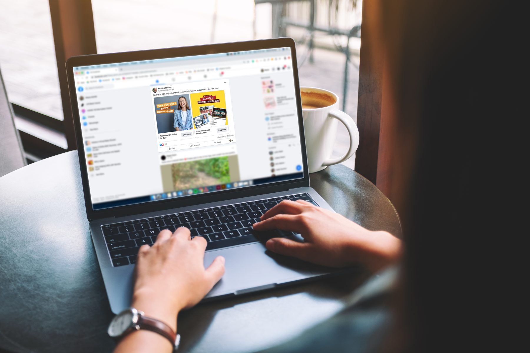 A woman uses a laptop to view a Ministry to Youth Facebook ad