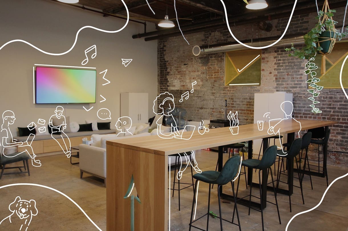 Online Optimism Kitchen and living room with illustrated people