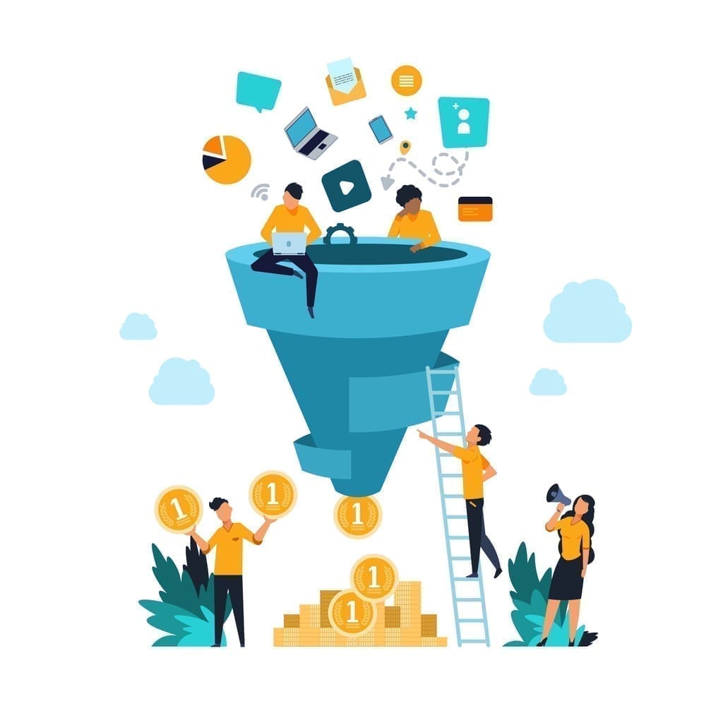 Illustrated people work on the sales funnel