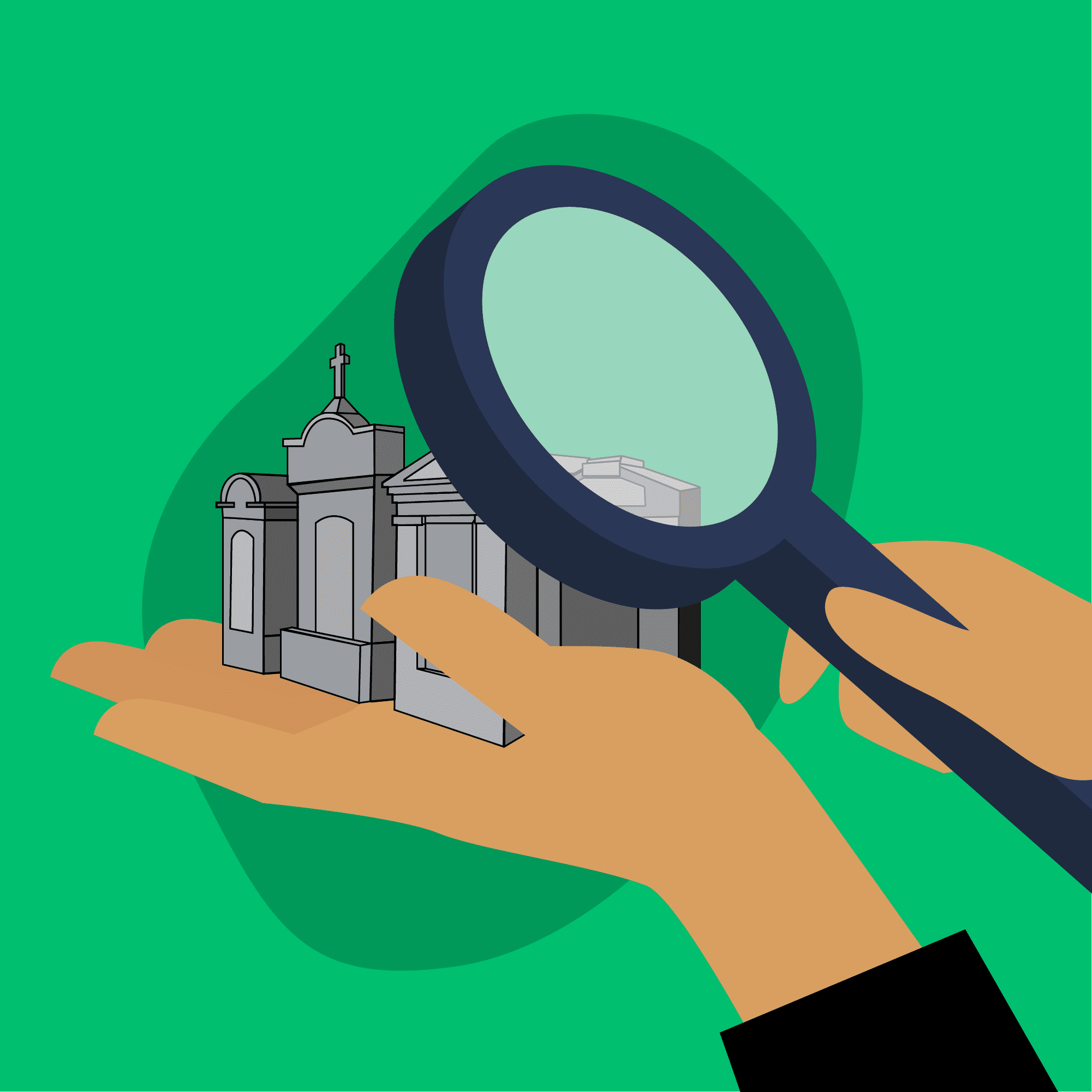 Magnifying glass looking at New Orleans cemetery