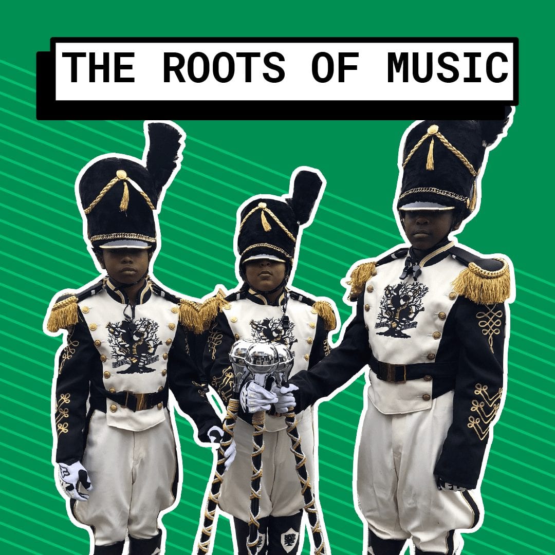Three people dressed in band attire