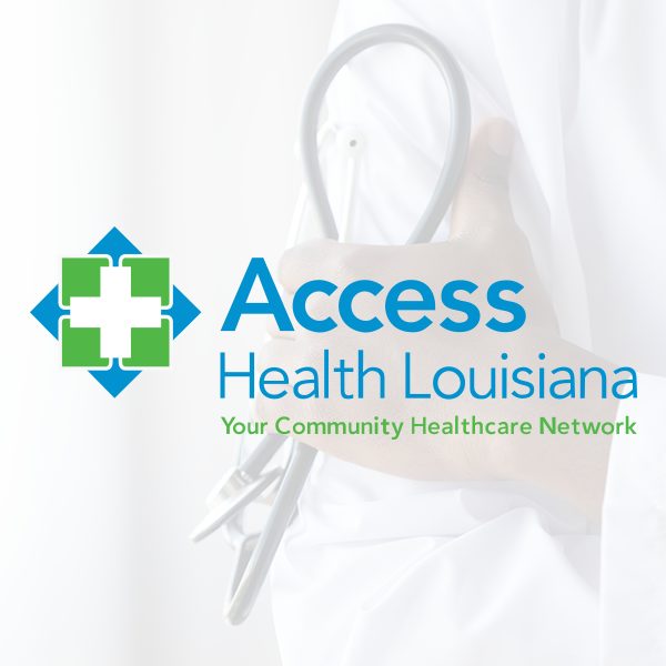 Access Health Louisiana logo on doctor holding stethoscope