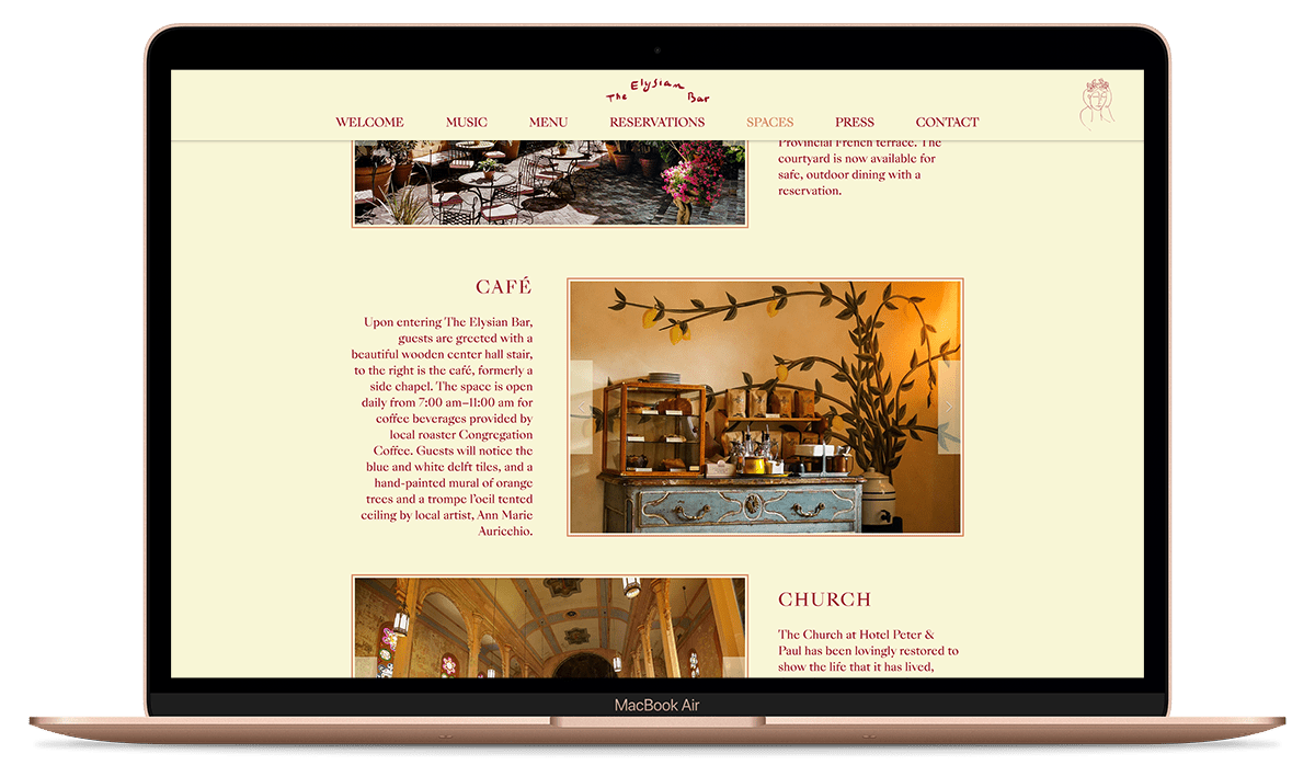 The Elysian Bar's Spaces website page