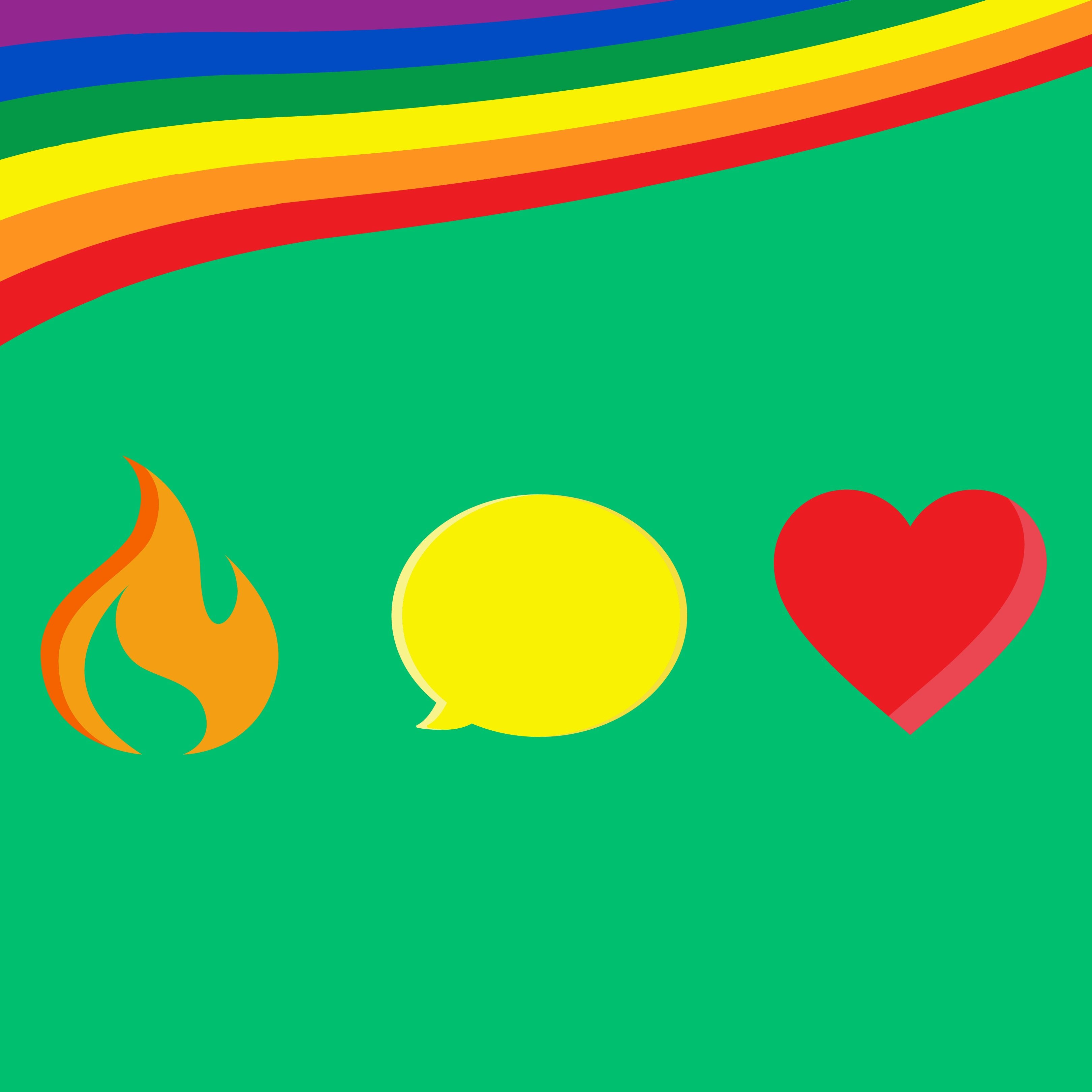 Fire, messaging, heart, and rainbow icons on green background