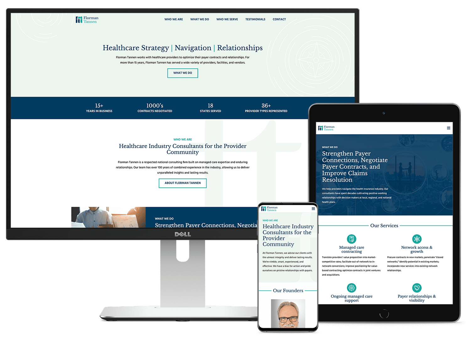 Florman Tannen's new website, mocked up on a computer, tablet, and phone