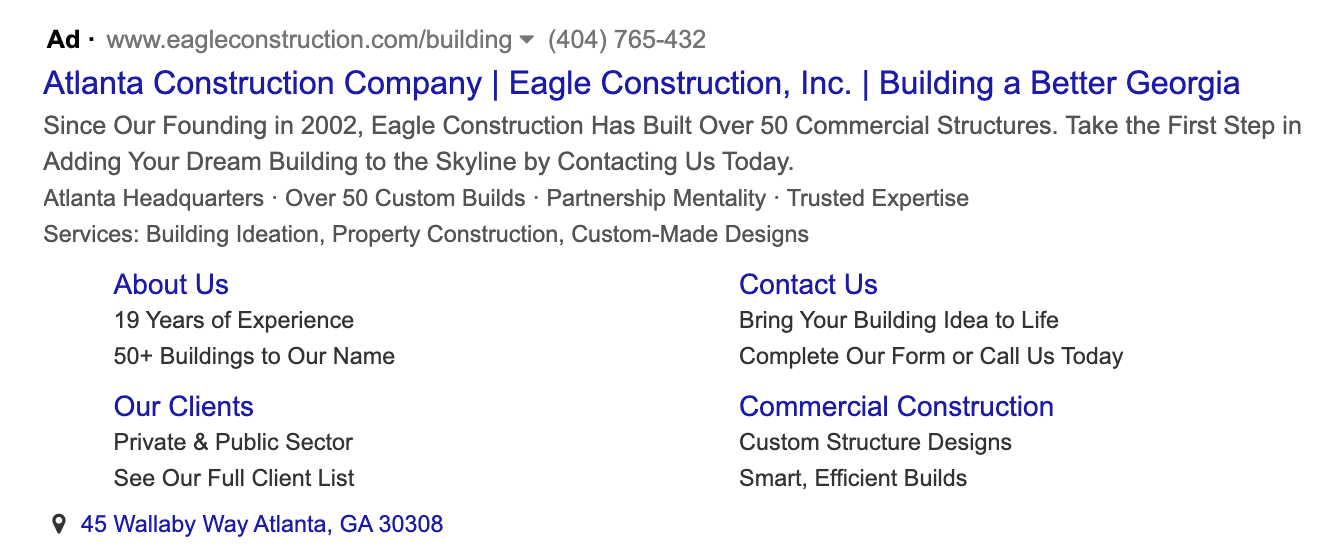 Mock search ad for Atlanta Construction Company