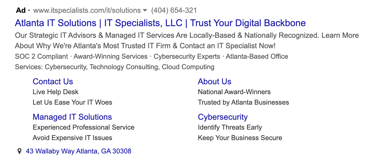 Mock search ad for Atlanta IT Solutions in B2B marketing funnel