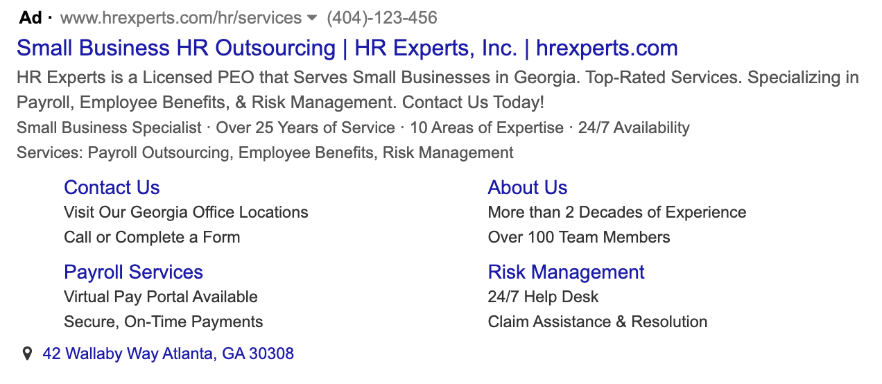 Mock search ad for Small Business HR Outsourcing