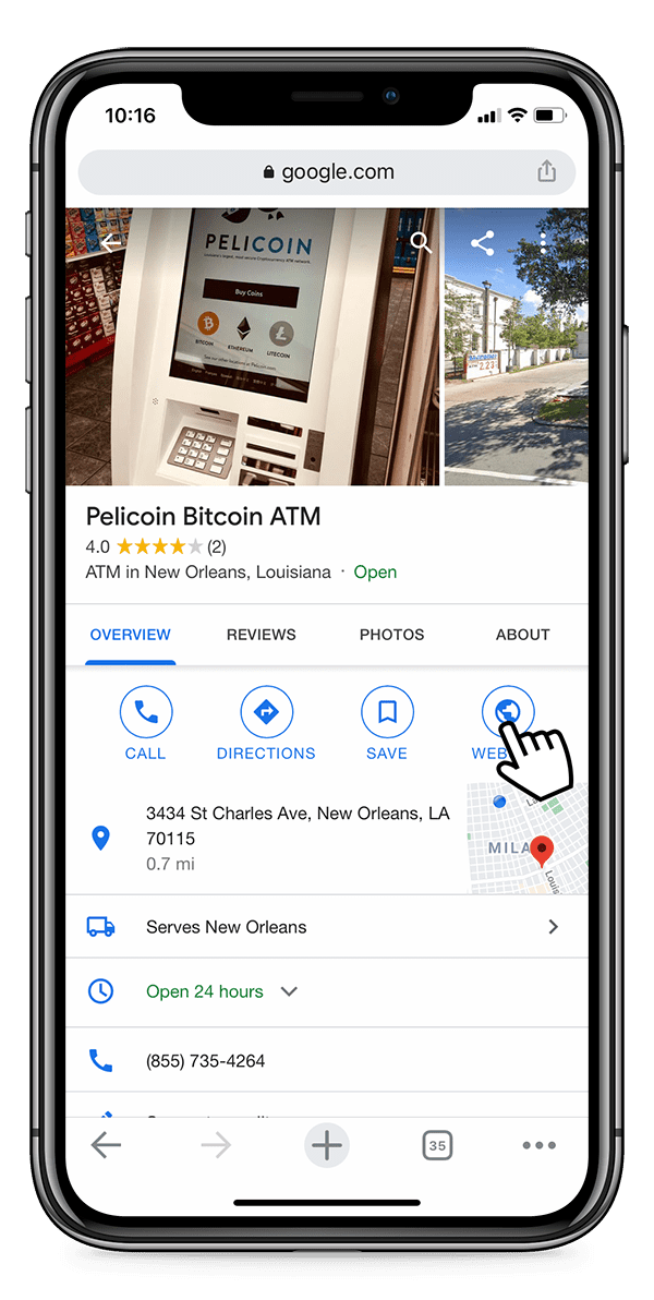 User clicking on Pelicoin's website from the Pelicoin Bitcoin ATM Google map entry