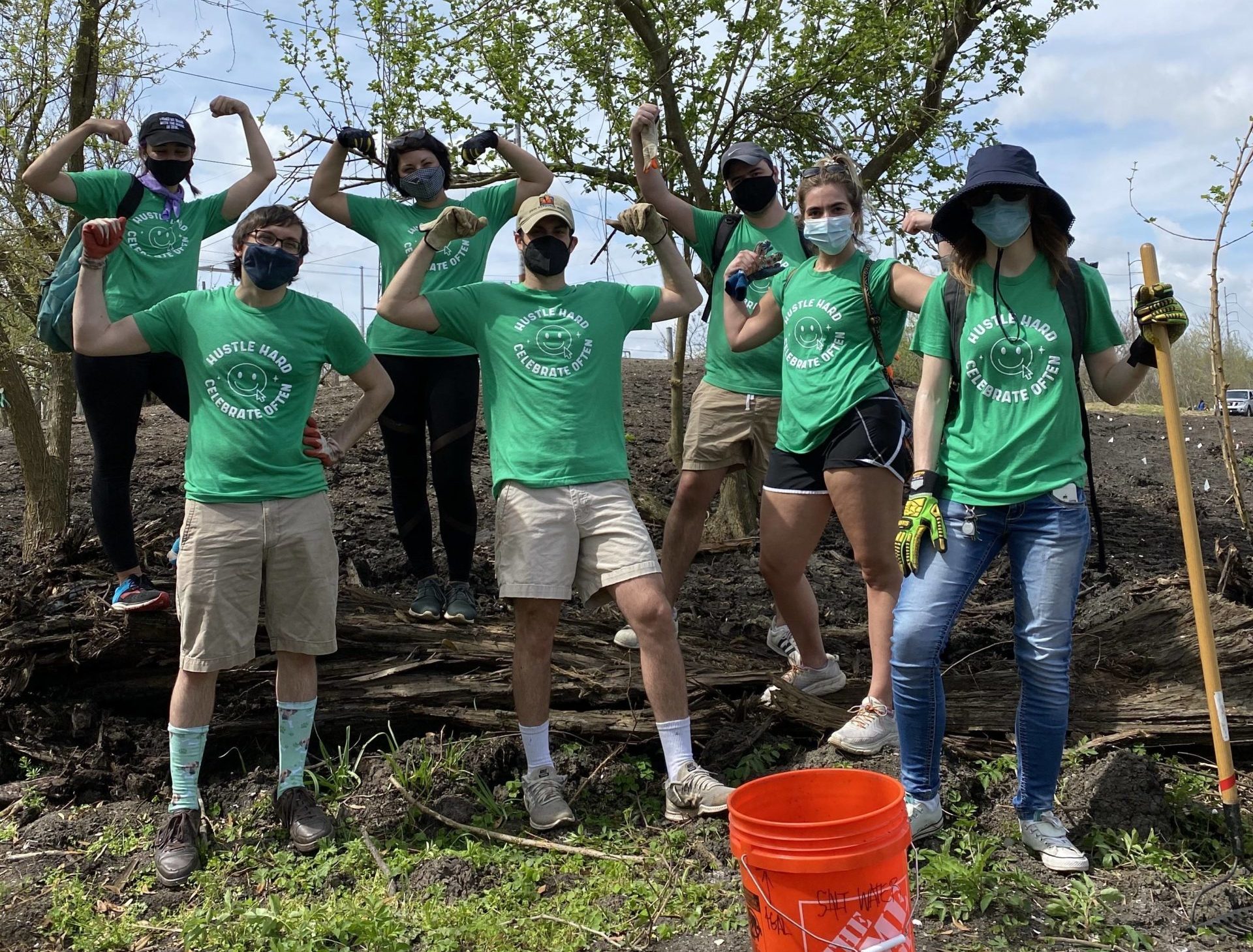 Optimists volunteering outside wearing masks