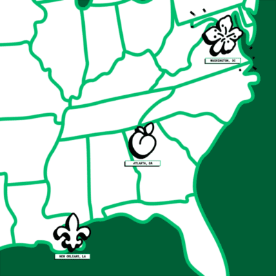 Illustrated map with three Online Optimism offices