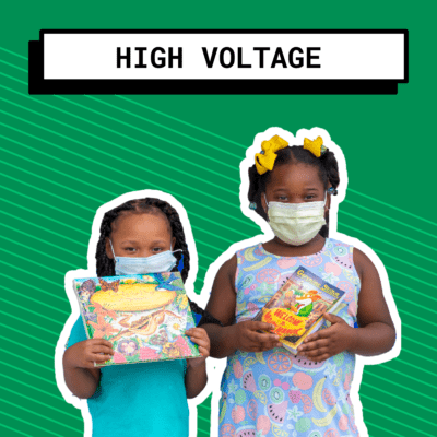 High Voltage with two kids wearing masks and holding books