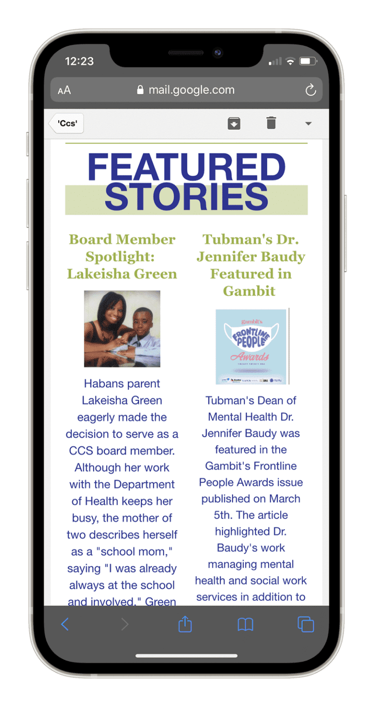 Phone mockup of CCS newsletter "Featured Stories" section