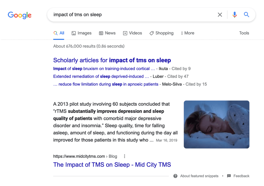 MidCity TMS featured snippet for "impact of tms on sleep" search