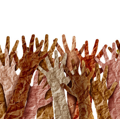 Paper hands of varying shades reaching up