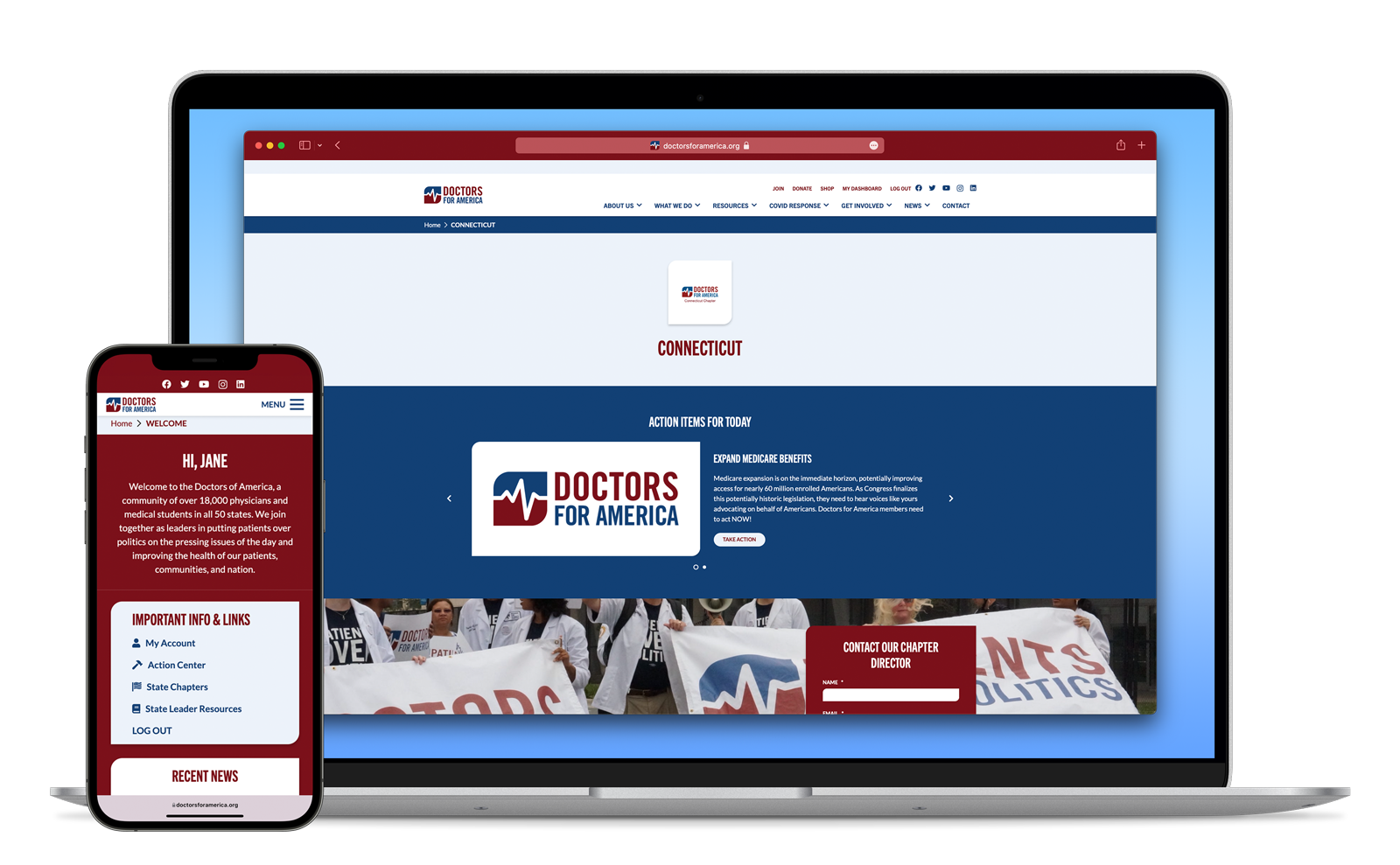 Doctors for America redesigned site on laptop and phone
