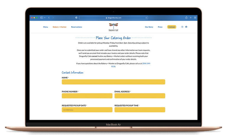 Custom Bakery + Market catering form on Dragonfly Café's new website