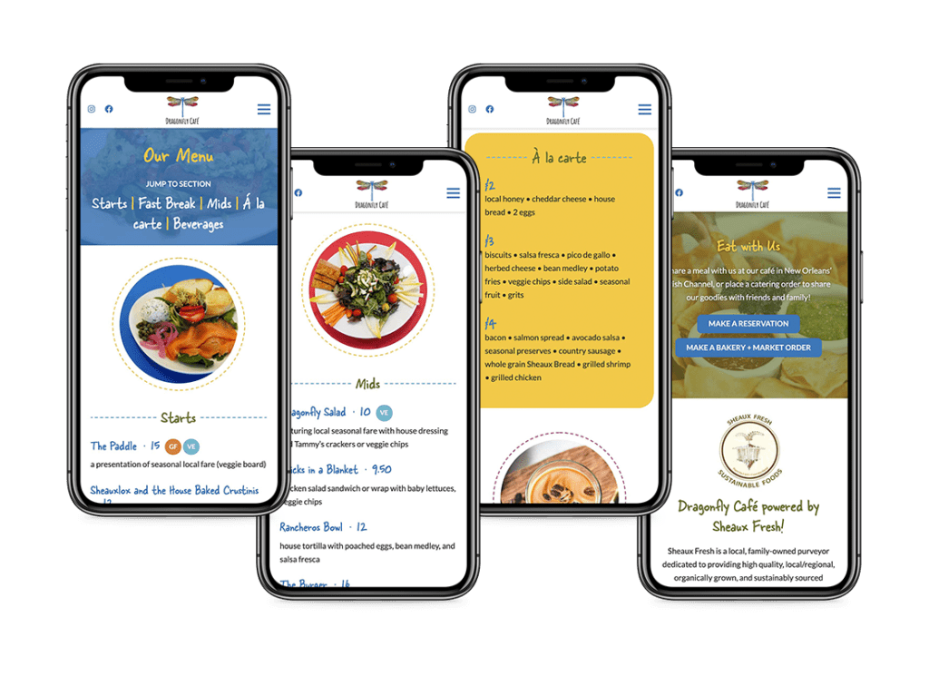 Dragonfly Café's menu in four places on iPhones