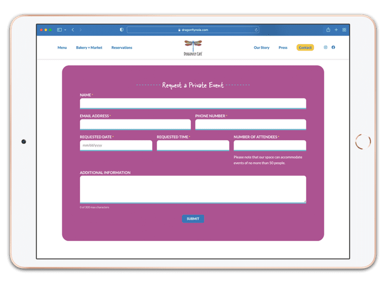 Custom private event request form on Dragonfly Café's new website