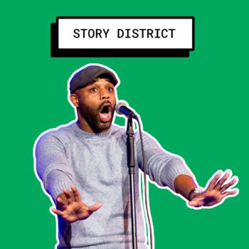 Story district feature with man talking into microphone