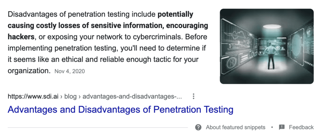 Featured snippet from SDi on the Advantages and Disadvantages of Penetration Testing