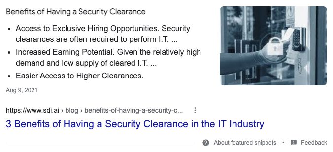 Featured snippet from SDi on the benefits of having security clearance in the IT industry