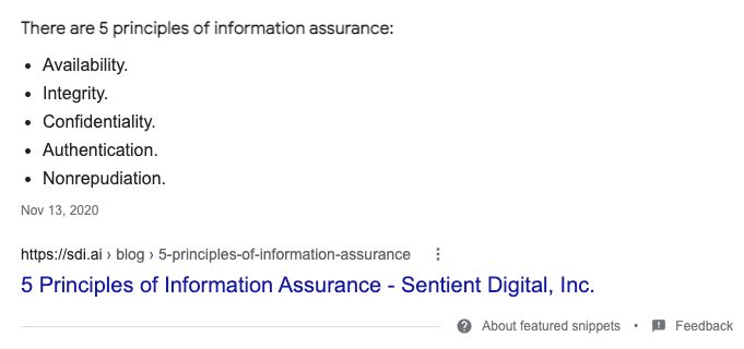 Featured snippet from SDi on principles of information assurance
