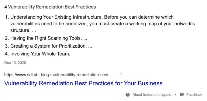 Featured snippet from SDi on vulnerability remediation best practices